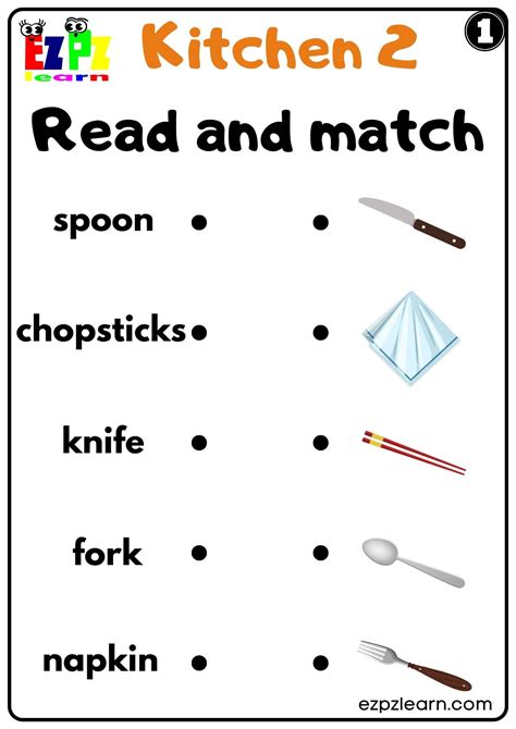 Kitchen Utensils Read And Match Worksheet For Esl And Homeschool