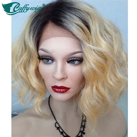 10inch Ombre Bob Wigs Human Hair Lace Front Wig Wavy Two Tone Glueless