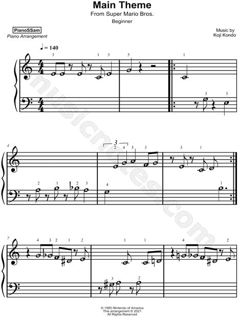 PianoSSam Super Mario Bros Main Theme Beginner Sheet Music For