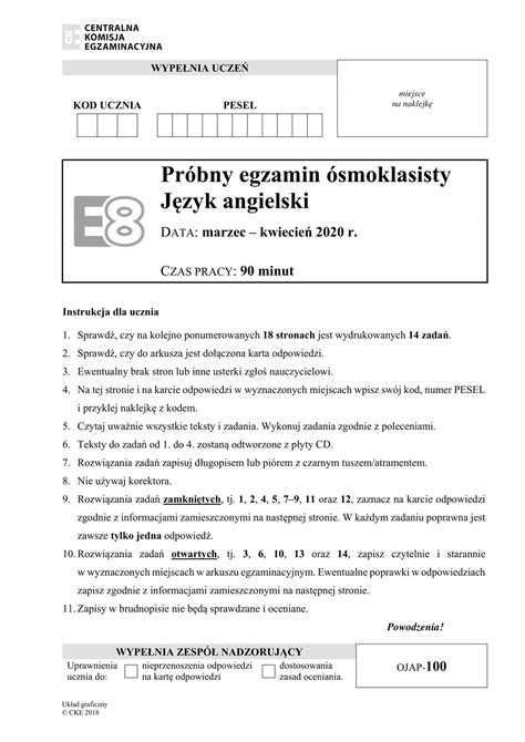 Próbny egzamin ósmoklasisty 2020 CKE j angielski Mamy arkusz CKE z