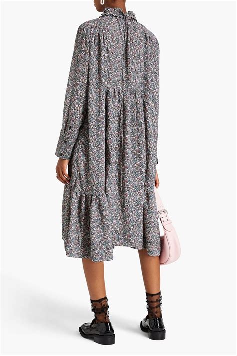 Ganni Gathered Floral Print Crepe Midi Dress The Outnet