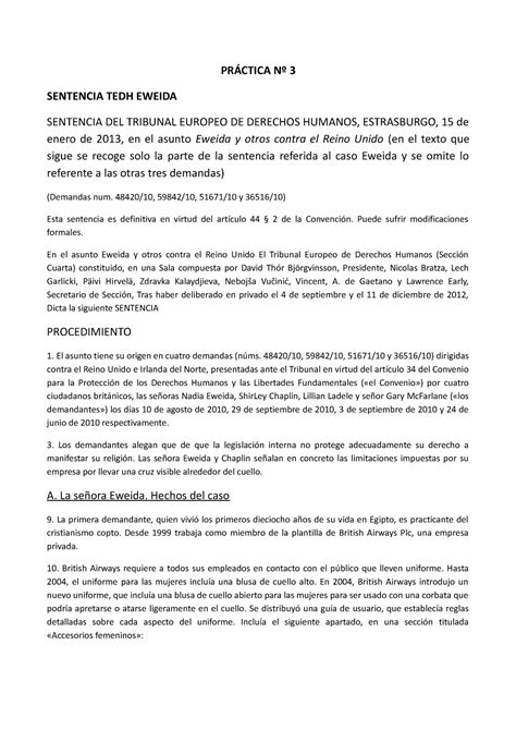 PRÁ Ctica 3 Sentencia TEDH Eweida PRÁCTICA Nº 3 SENTENCIA TEDH EWEIDA