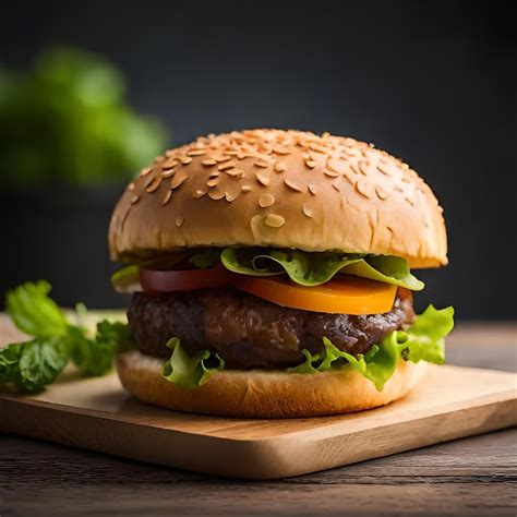 Premium Ai Image A Hamburger With Lettuce And Tomato On A Wooden Board