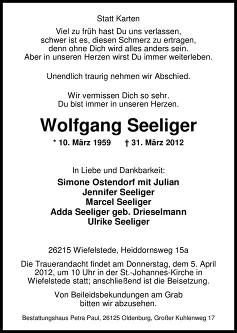 Traueranzeigen Von Wolfgang Seeliger Nordwest Trauer De