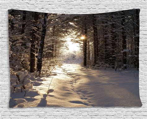 Winter Tapestry Christmas Season With Snow And Frozen Forest Sun Rays