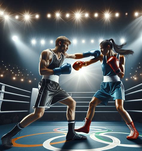 Male Boxers Punches Female Boxer In Face In Olympic Boxing Ring Blank