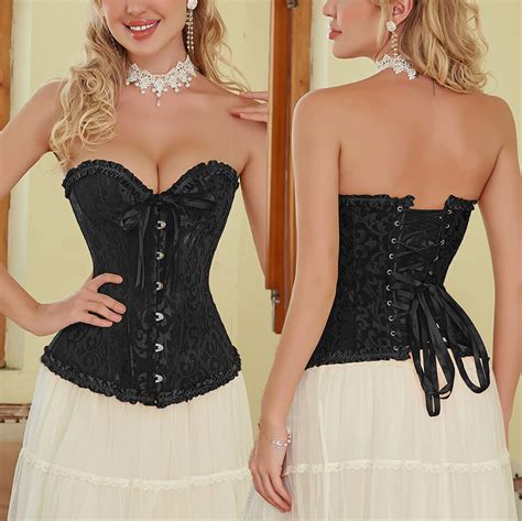 Women Lace Up Boned Bustier Corset Overbust Burlesque Top Lingerie