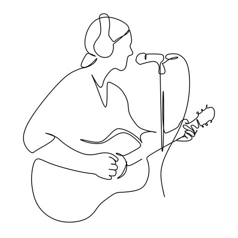 Continuous single line drawing of a male singer sing a song and play ...