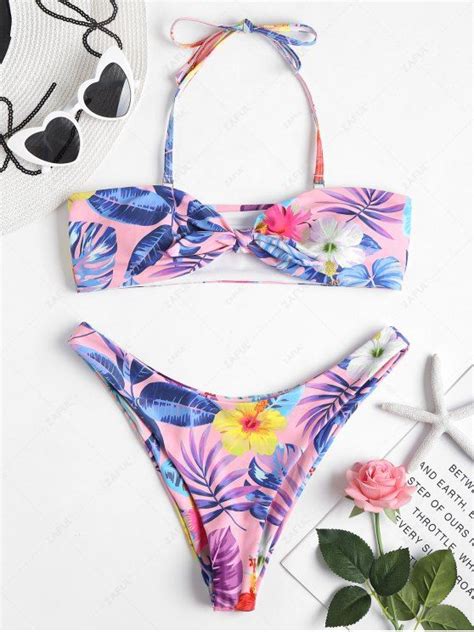 Off Tropical Print Bandeau Bikini Set In Light Pink Zaful