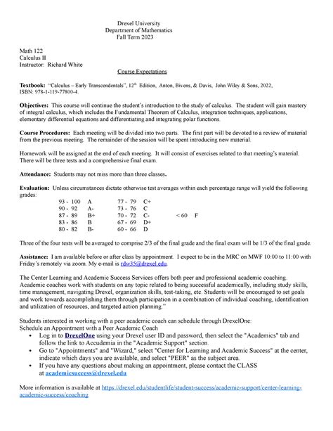 Math 122 Syllabus Fall 23 Drexel University Department Of Mathematics