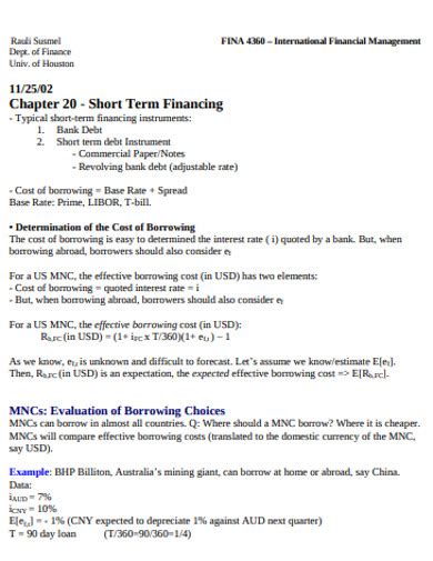 Short Term Financing - 9+ Examples, Format, Pdf