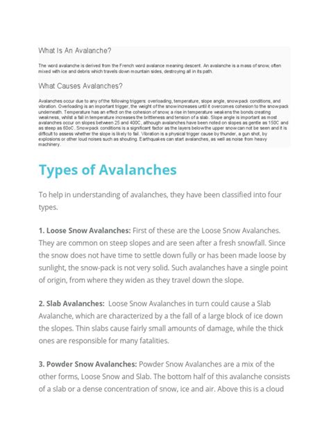 Types, Causes and Effects of Avalanche | PDF | Snow | Earth Phenomena