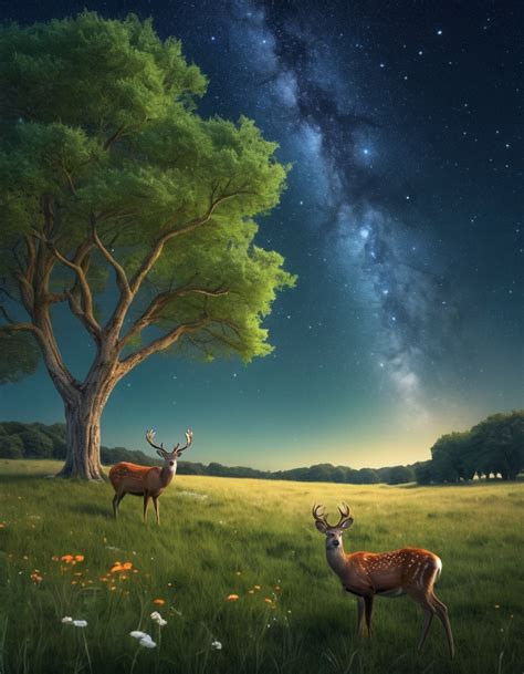 A Tranquil Meadow Dotted With Grazing Deer Under A Canopy Of Stars