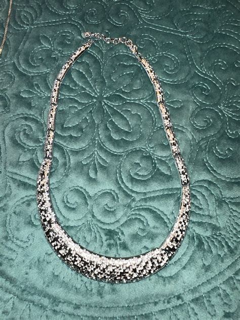 Monet Textured Panel Silvertone Necklace Gem