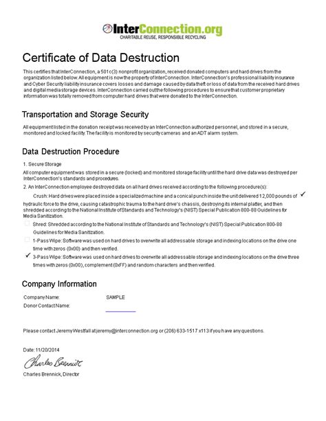 Data Destruction Certificate Template For Storage Interconnection And