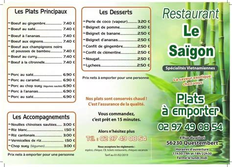 Menu Au Le Saïgon Restaurant Questembert