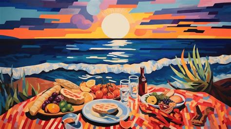 Premium AI Image | a painting of a beach scene with a sunset and a ...