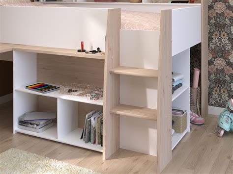 Lit Combin X Cm Avec Bureau Et Rangements Blanc Et Naturel Avec