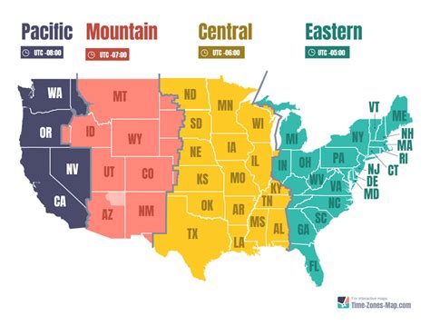 US Map with Timezones and State Initials