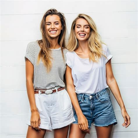Premium Photo Fashion Portrait Of Smiling Brunette And Blond Models