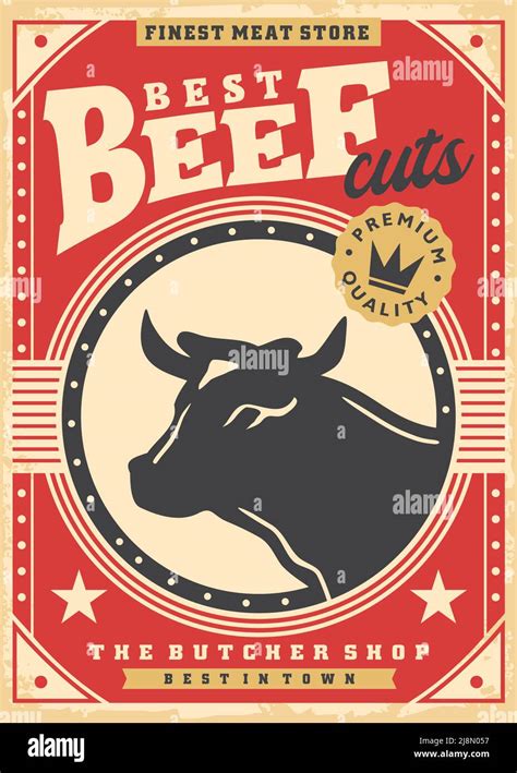 Best Beef Meat Cuts And Chops Promotional Poster Design With Bull Or Cow Head Silhouette