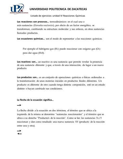 Listado de ejercicios unidad iv reacciones químicas 1 PDF