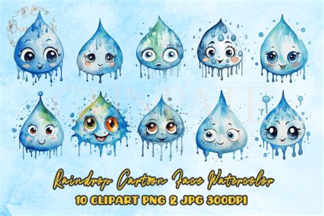 Raindrop Cartoon Face Watercolor Clipart Graphic By Gunpate Creative