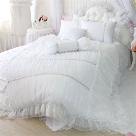 Sisbay Fancy Girls Bedding Set White Luxury Princess Ruffle Duvet Cover