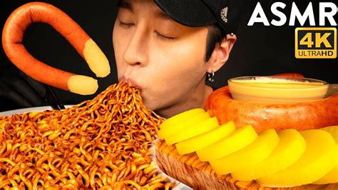 ASMR BLACK BEAN FIRE NOODLES CHEESY KIELBASA SAUSAGE MUKBANG No