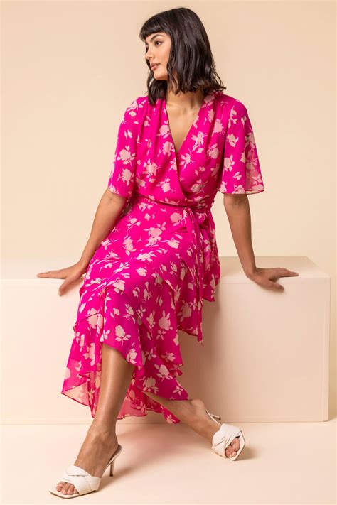 Floral Print Tiered Frill Midi Dress In Pink Roman Originals UK