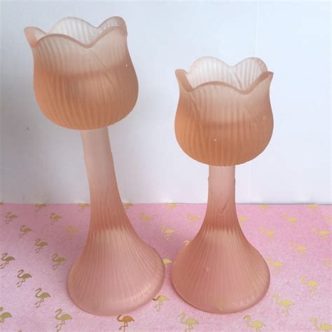 Frosted Pink Glass Tulip Candleholders Vintage Tea Light