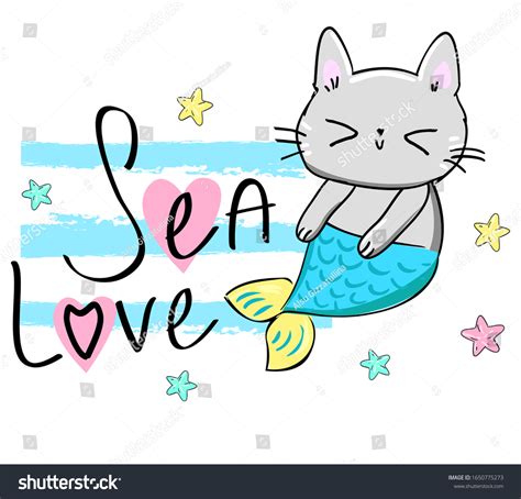 Kitten Mermaid Hand Drawn Fantasy Cute Stock Vector Royalty Free