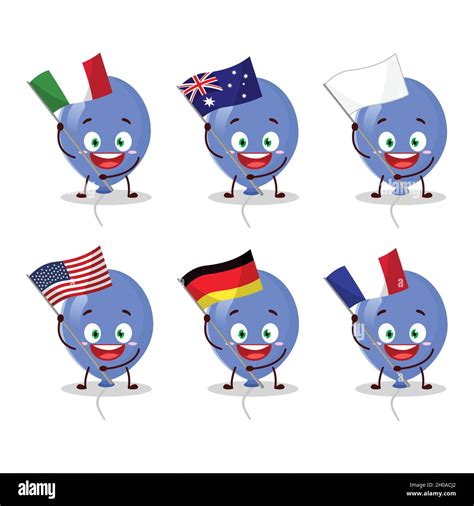 Blue Balloons Cartoon Character Bring The Flags Of Various Countries