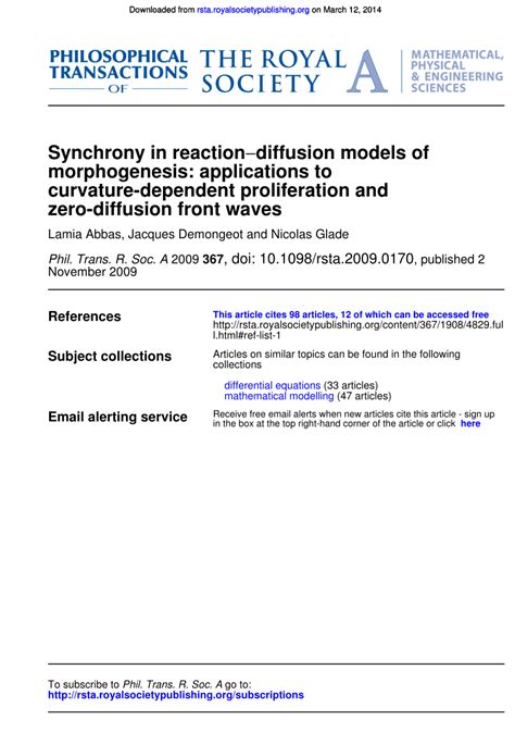 Pdf Synchrony In Reaction Diffusion Models Of Morphogenesis