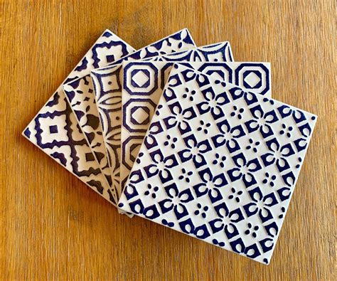 Set Of 5 Moroccan Inspired Ceramic Coasters Blue And White Etsy