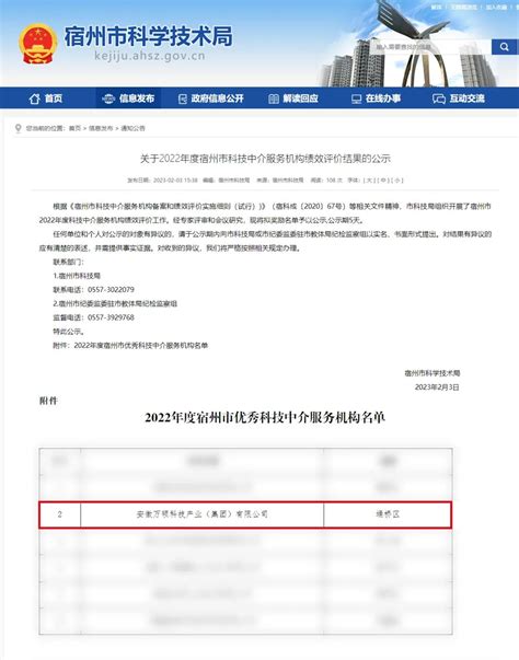 喜报 安徽万硕科技产业（集团）有限公司荣获“2022年度宿州市优秀科技中介服务机构”！ 新闻资讯 行业资讯 安徽万硕科技产业