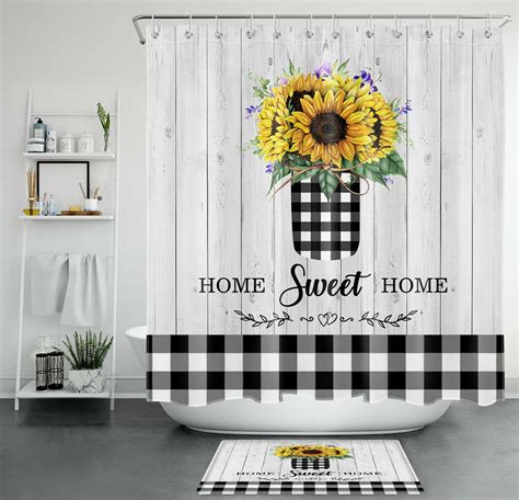 Farmhouse Chic Sunflower Shower Curtain With Rustic Buffalo Check And