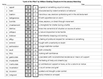 Lord Of The Flies By William Golding Chapters Vocabulary Matching