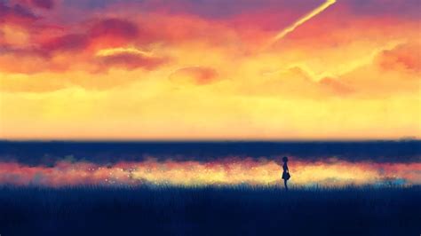 Wallpaper Sunlight Sunset Anime Girls Reflection Artwork Sunrise Evening Horizon