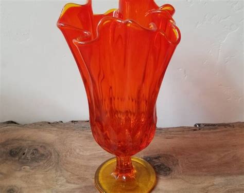 Vintage 1960 S Orange Yellow Art Glass Vase Ruffled Top Etsy