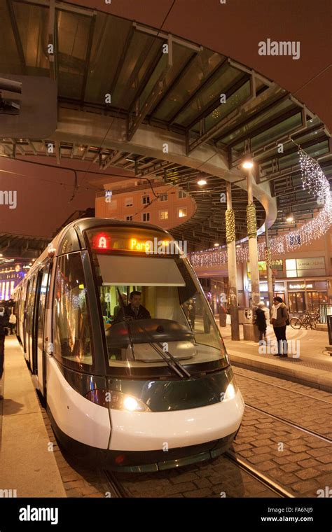 Strasbourg Tram At The Central Station Homme De Fer At Night The