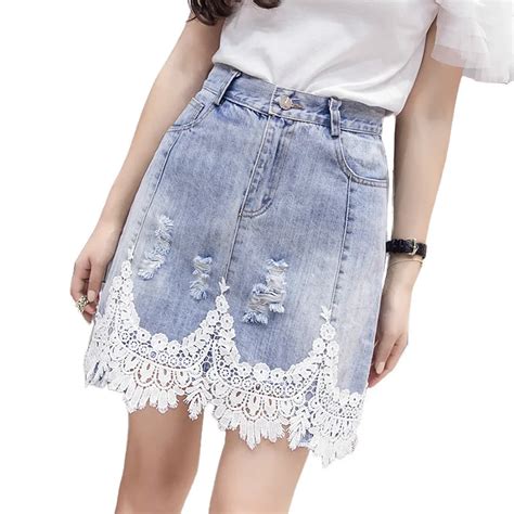 Elegant Sexy Denim Skirts Womens Summer Harajuku Lace Patchowrk Jeans Skirts Women Boho Plus