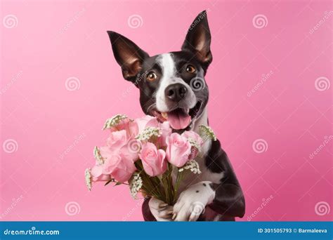 Dog Giving A Bouquet Of Flowers Dog Is Holding Flowers In The Paws On