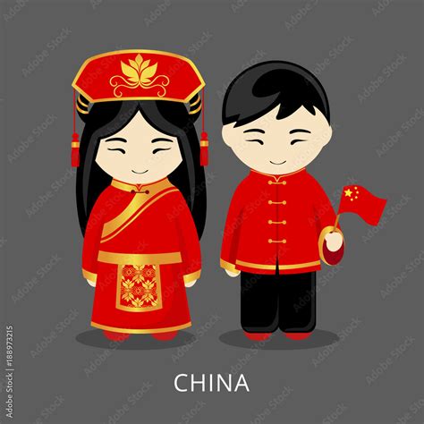 Chinese In National Dress With A Flag Man And Woman In Traditional