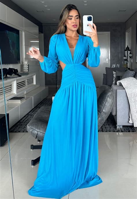 Vestido Longo Micro Tule Manga Longa Abertura Daffine Azul Turquesa