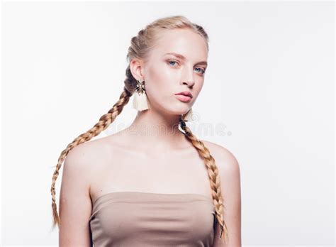 Woman With Pigtails Beauty Healthy Skin Isolated On White Blonde Stock Image Image Of