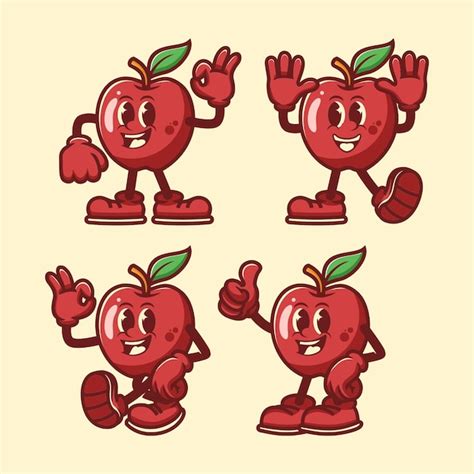 Cheerful Cartoon Fruit Apple Character In Various Poses Premium Ai