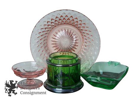 Lot Of 4 Vintage Heisey Glass Pink Green Trinket Bone Dish Bowl Powder Jar