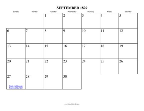 September 1829 Calendar