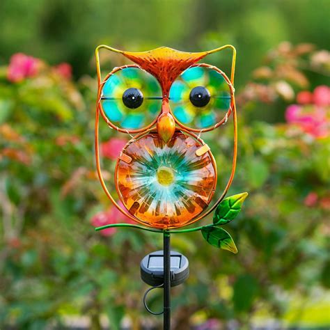 Solar Garden Lights Outdoor Decor Metal Owl Wind Spinner Eyes